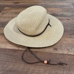 Solar Escape Wide Brim Sun Hat Beige Chin Strap Straw-Like Beach Vacation Garden